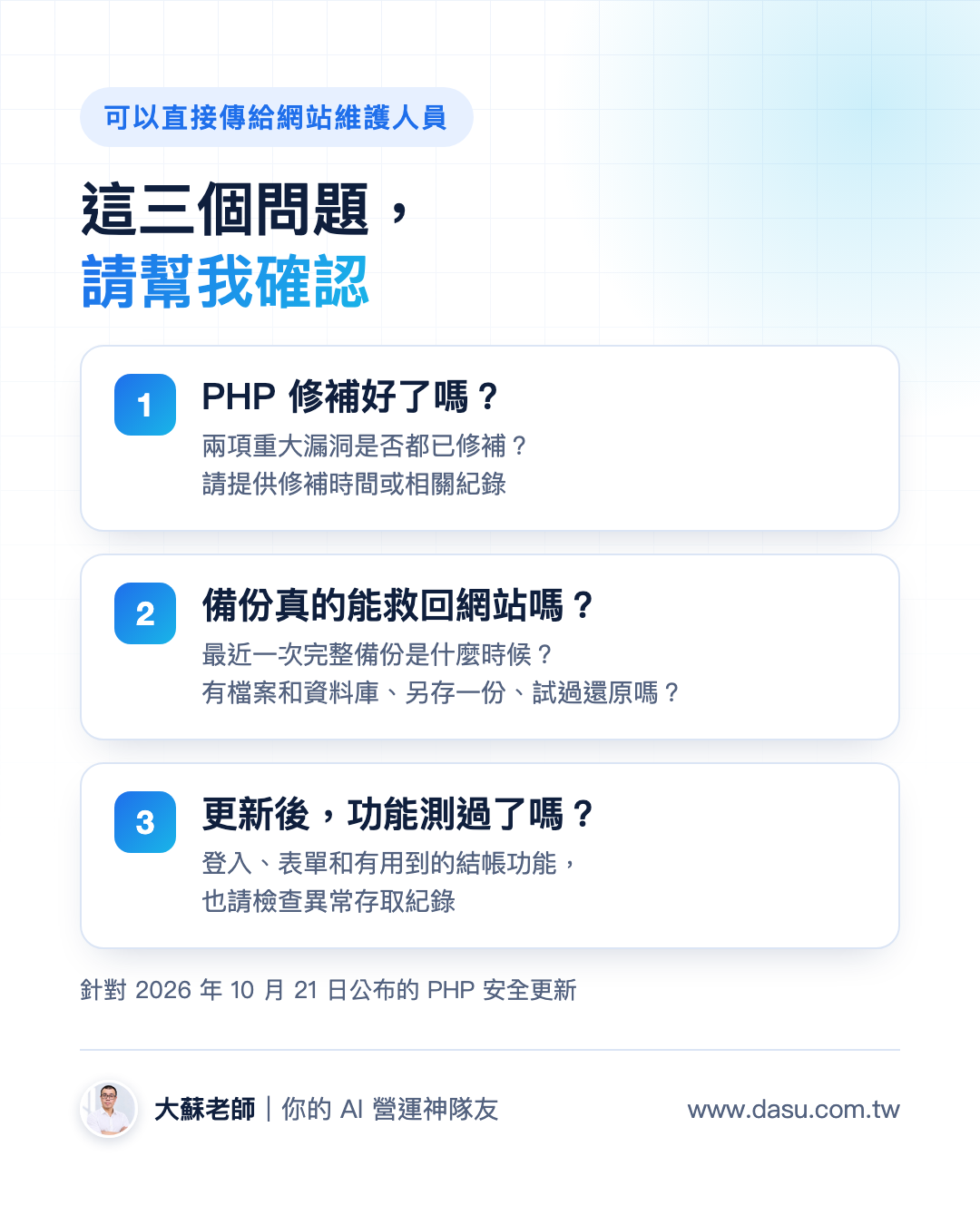 可以直接傳給網站維護人員的三個問題:PHP 是否修補、備份是否能還原、更新後功能是否測試。